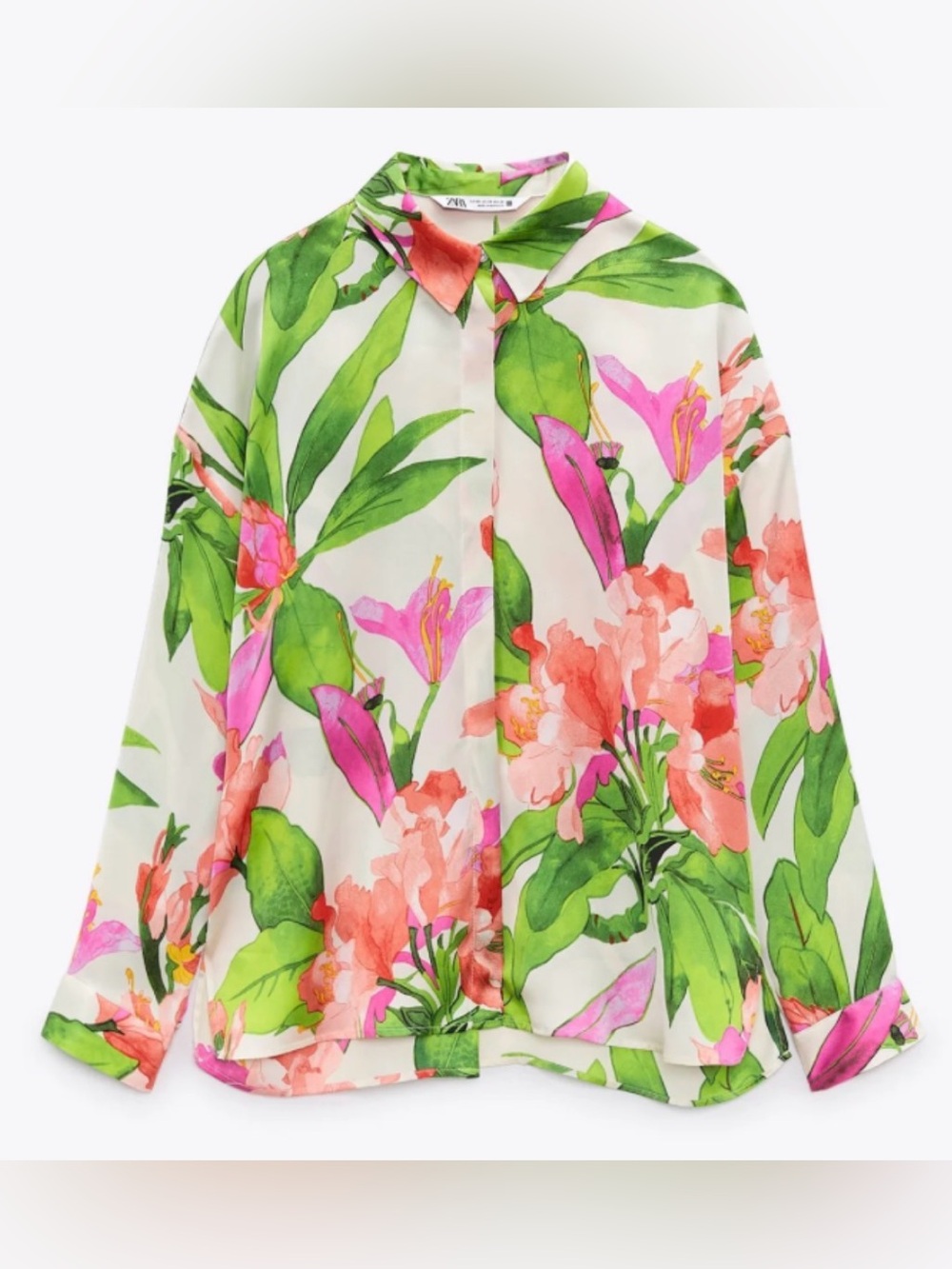 Zara Tropical Floral Print Blouse, Green/Ecru, sz L